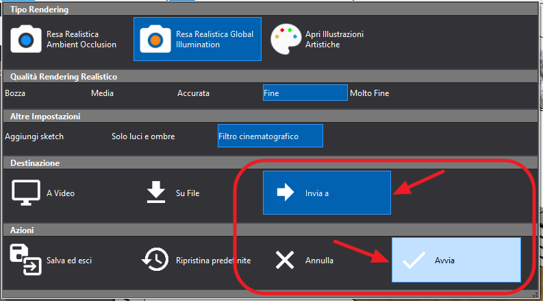 Pannello impostazioni rendering