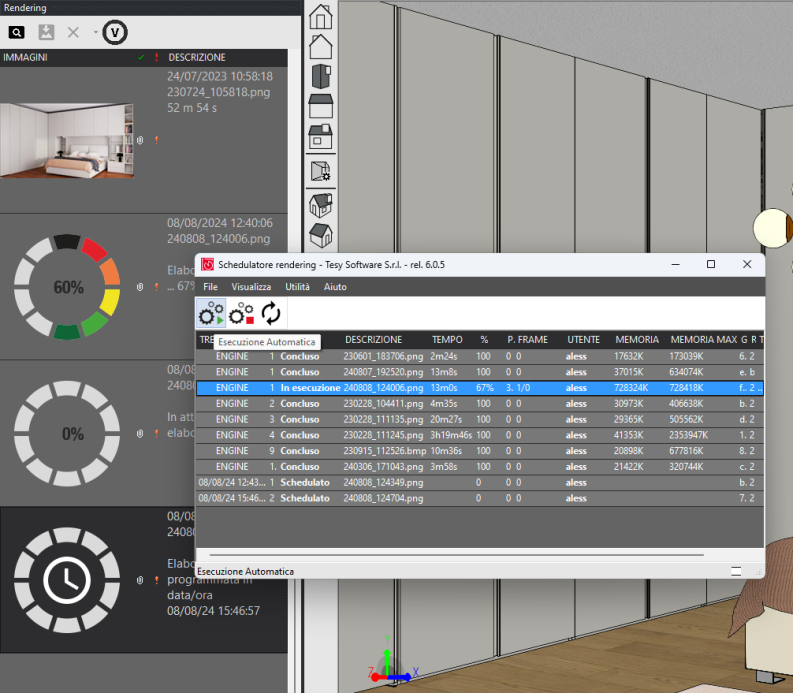 Pannello rendering schedulati